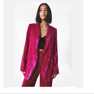 Pink/Fuschia blazer, matching crushed velvet high waisted wide leg pant
